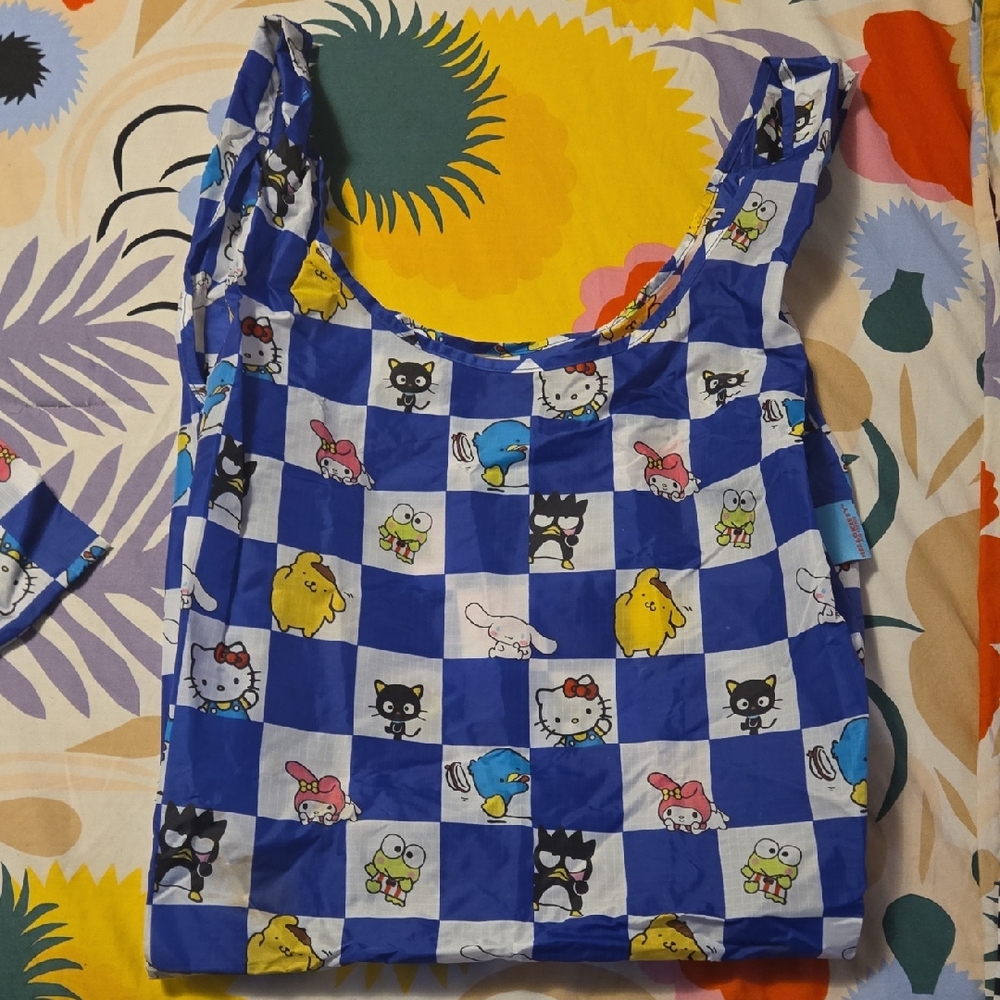 BAGGU Blue and White Checkered Tote with Hello Kitty & Friends